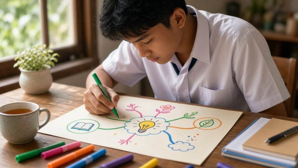 Pelajar membuat mind mapping berwarna di meja belajar