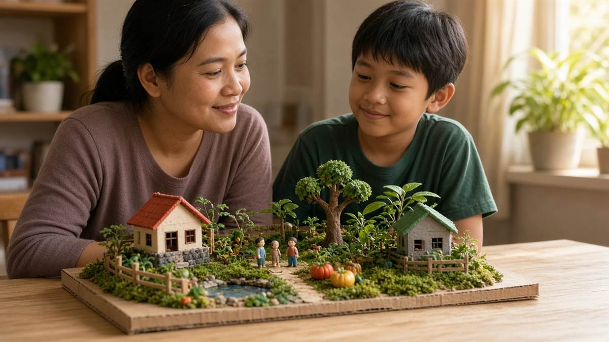 Hasil proyek belajar berupa diorama kebun dari bahan daur ulang