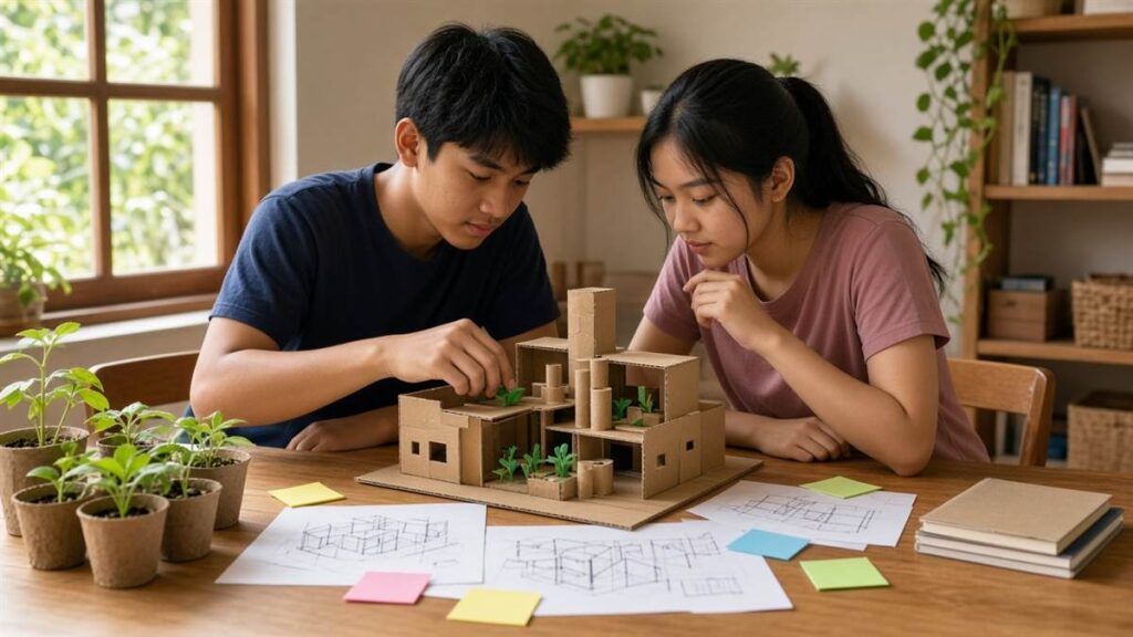 Siswa mengerjakan proyek kreatif bersama di meja rumah